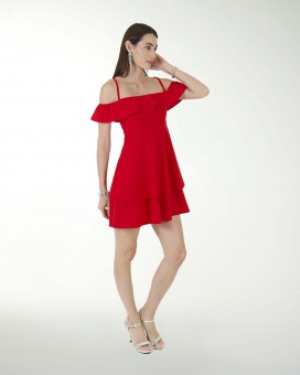 VESTIDO CA CREPE LISO OLAN EN ESCOTE  DOBLE FALDA