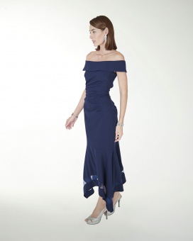 VESTIDO CL CREPE DRAPEADO CON TRANSPARENCIA