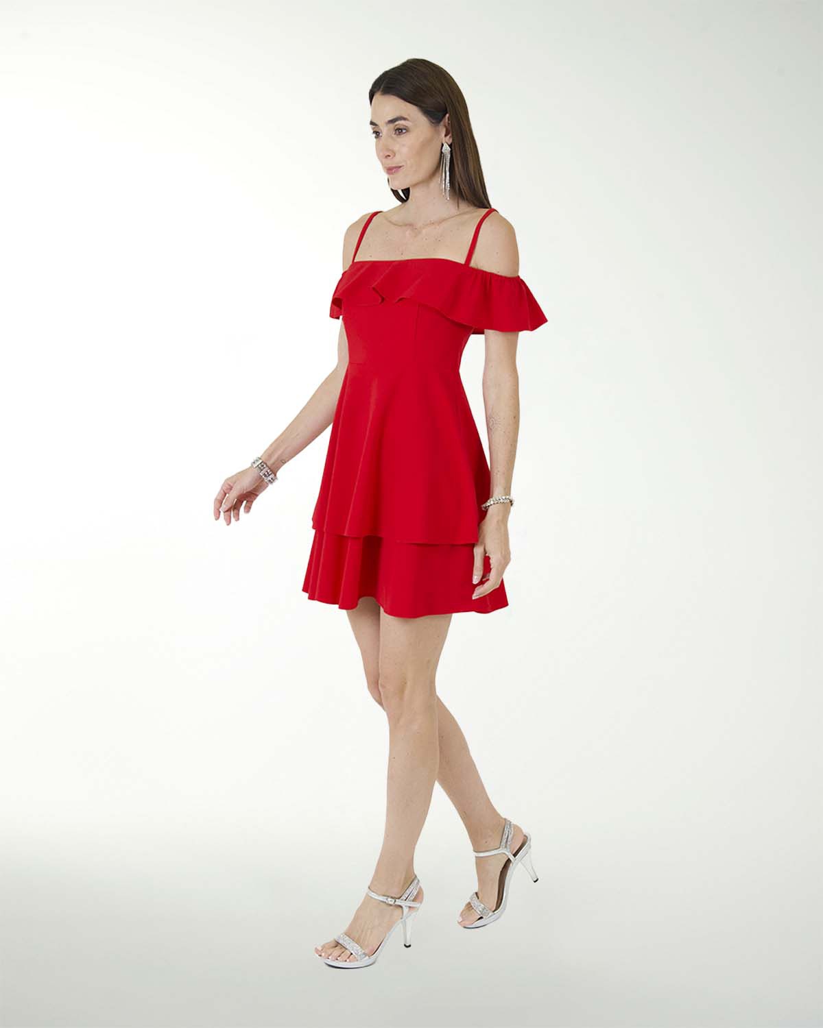 VESTIDO CA CREPE LISO OLAN EN ESCOTE DOBLE FALDA