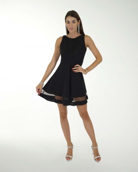 VESTIDO CA CREPE LISO CON TRANSPARENCIA EN EN RUEDO