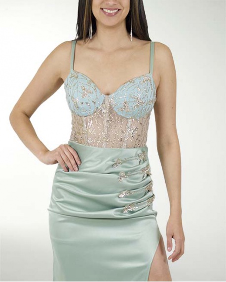 VESTIDO CL SATIN STRECH CON FANTASIA EN TALLE