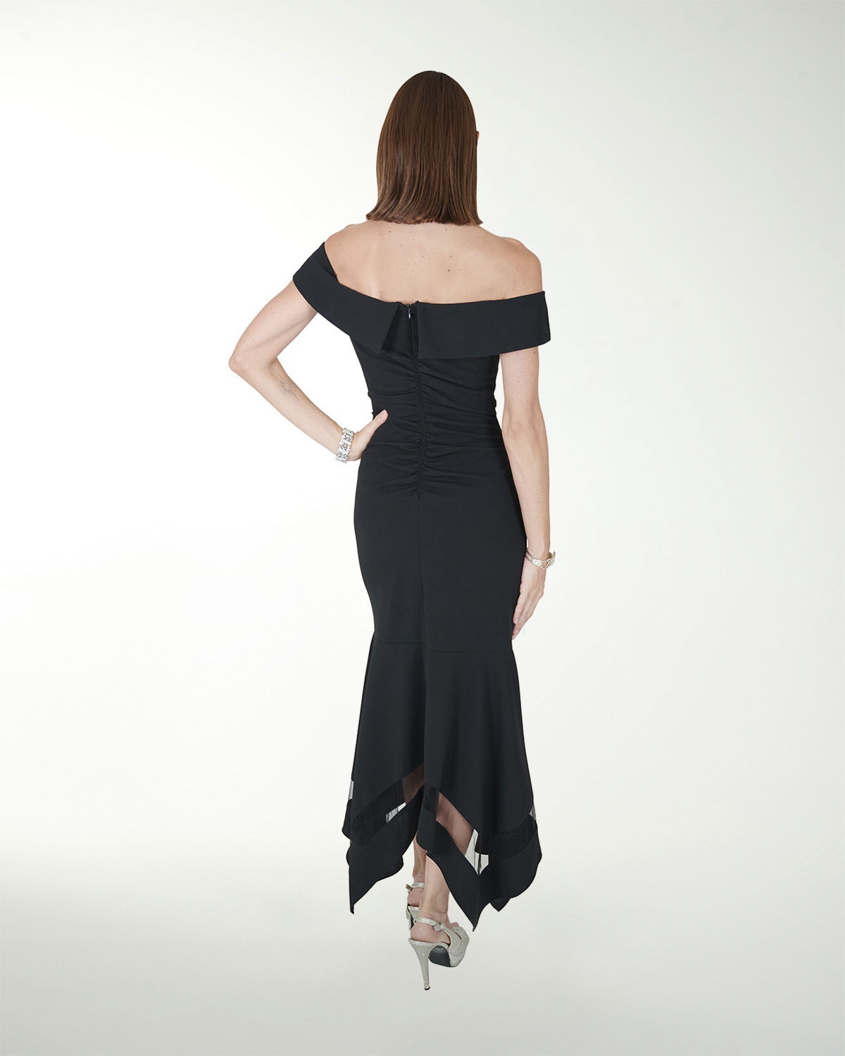 VESTIDO CL CREPE DRAPEADO CON TRANSPARENCIA