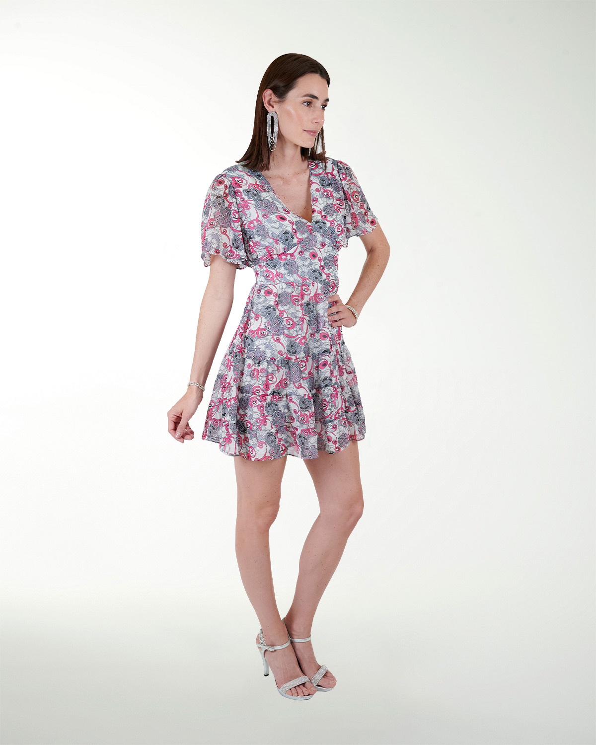 VESTIDO CA CHIFON ESTAMPADO ESCOTE EN V MANGA AMPLIA VESTIDO CA CHIFON ESTAMPADO ESCOTE EN V MANGA AMPLIA