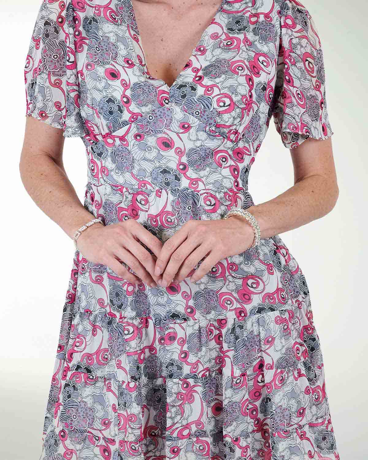 VESTIDO CA CHIFON ESTAMPADO ESCOTE EN V MANGA AMPLIA VESTIDO CA CHIFON ESTAMPADO ESCOTE EN V MANGA AMPLIA
