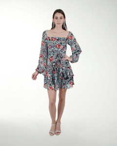 VESTIDO CA CHIFON ESTAMPADO CON OLAN MANGA LARGA