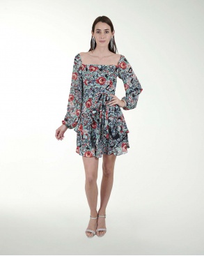 VESTIDO CASUAL ESTAMPADO CON OLAN MANGA LARGA