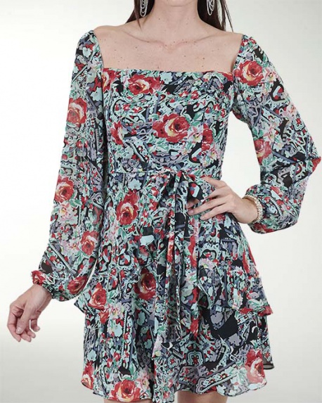 VESTIDO CA CHIFON ESTAMPADO CON OLAN MANGA LARGA