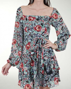 VESTIDO CA CHIFON ESTAMPADO CON OLAN MANGA LARGA
