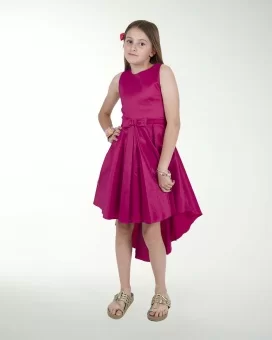 VESTIDO NI 12-014-16 TAFETA LISO CON TABLONES CORTE IRREGULA