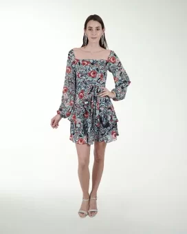 VESTIDO CA CHIFON ESTAMPADO CON OLAN MANGA LARGA