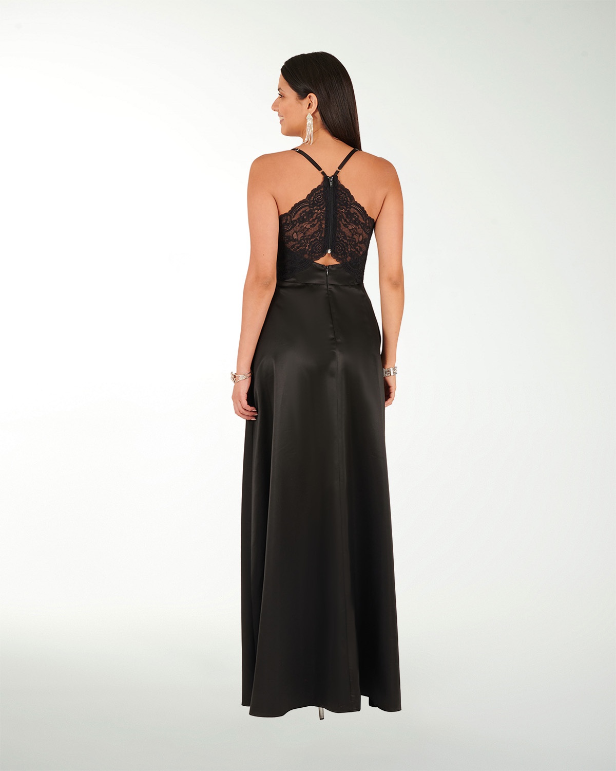 VESTIDO CL RASO ESCOTE EN V Y ENCAJE EN ESPALDA VESTIDO CL RASO ESCOTE EN V Y ENCAJE EN ESPALDA