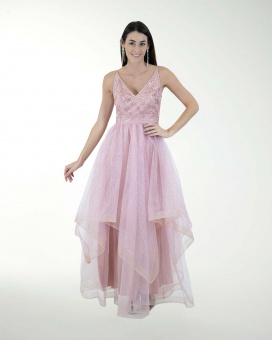 VESTIDO CL FALDA A DESNIVEL CON BRILLO