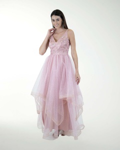 VESTIDO CL FALDA A DESNIVEL CON BRILLO