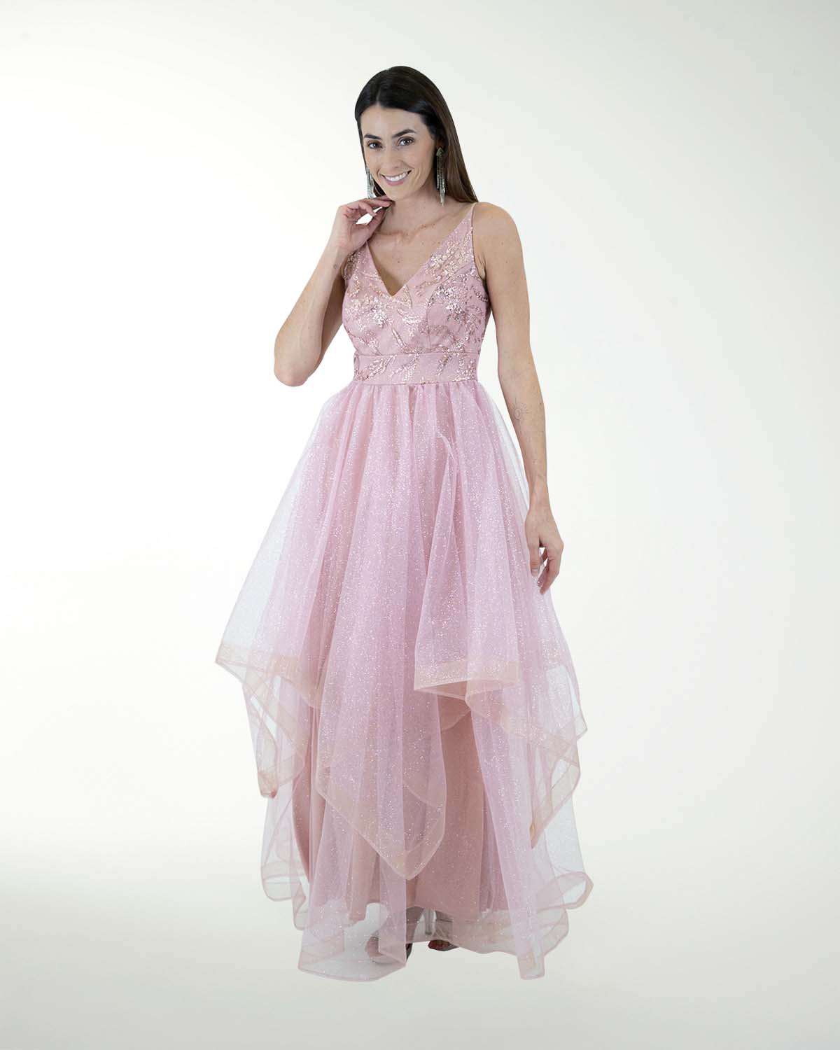 VESTIDO CL FALDA A DESNIVEL CON BRILLO