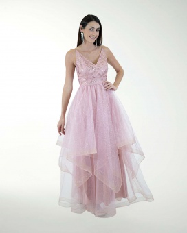 VESTIDO CL FALDA A DESNIVEL CON BRILLO
