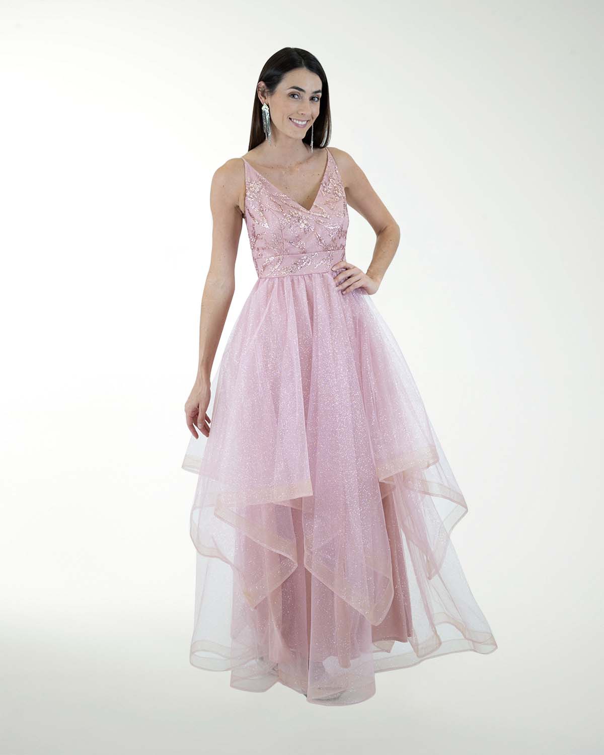 VESTIDO CL FALDA A DESNIVEL CON BRILLO