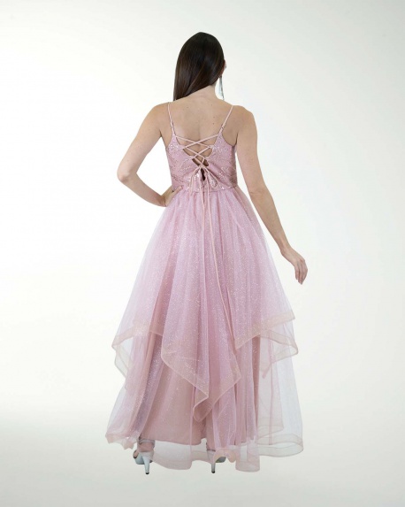 VESTIDO CL FALDA A DESNIVEL CON BRILLO