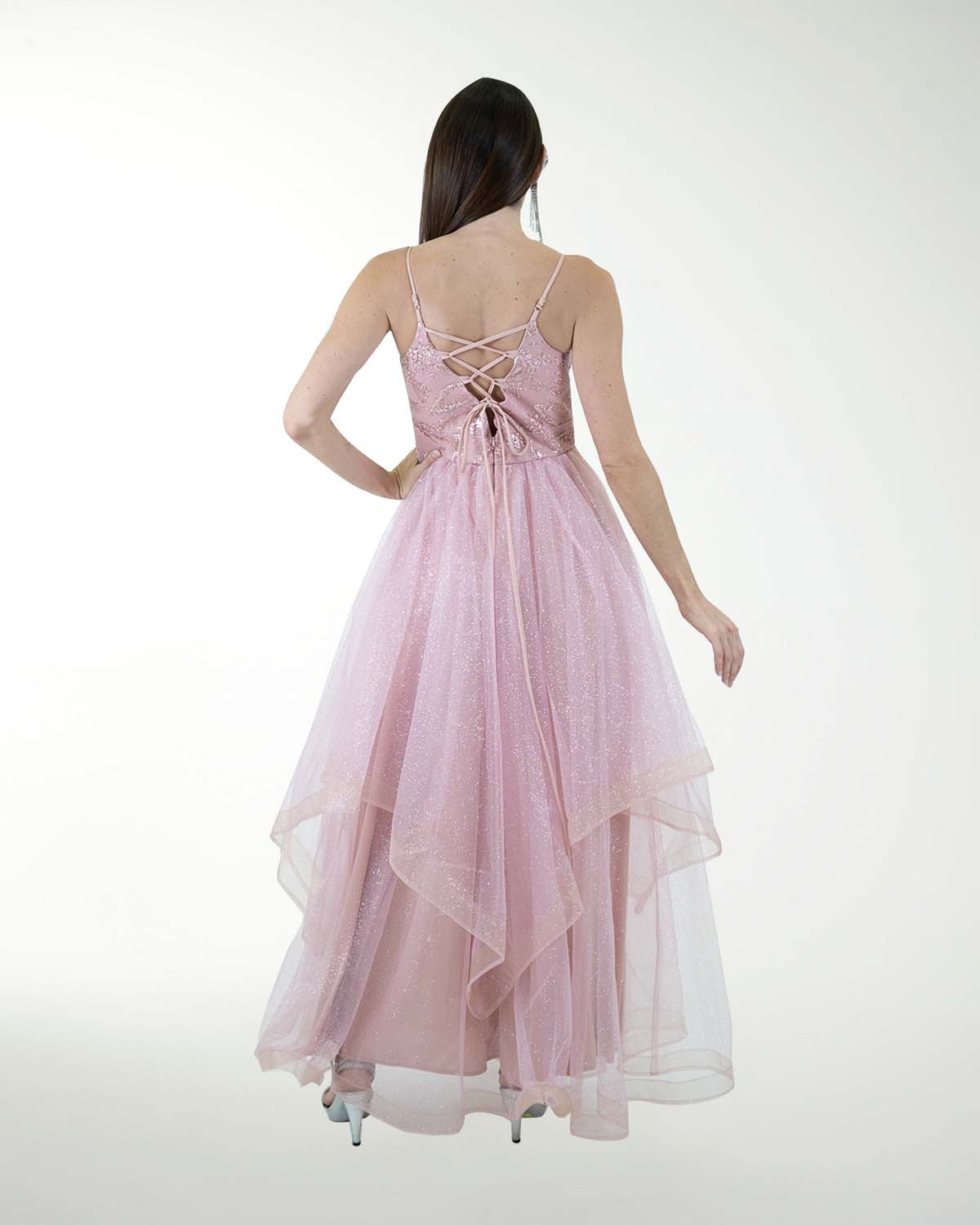 VESTIDO CL FALDA A DESNIVEL CON BRILLO