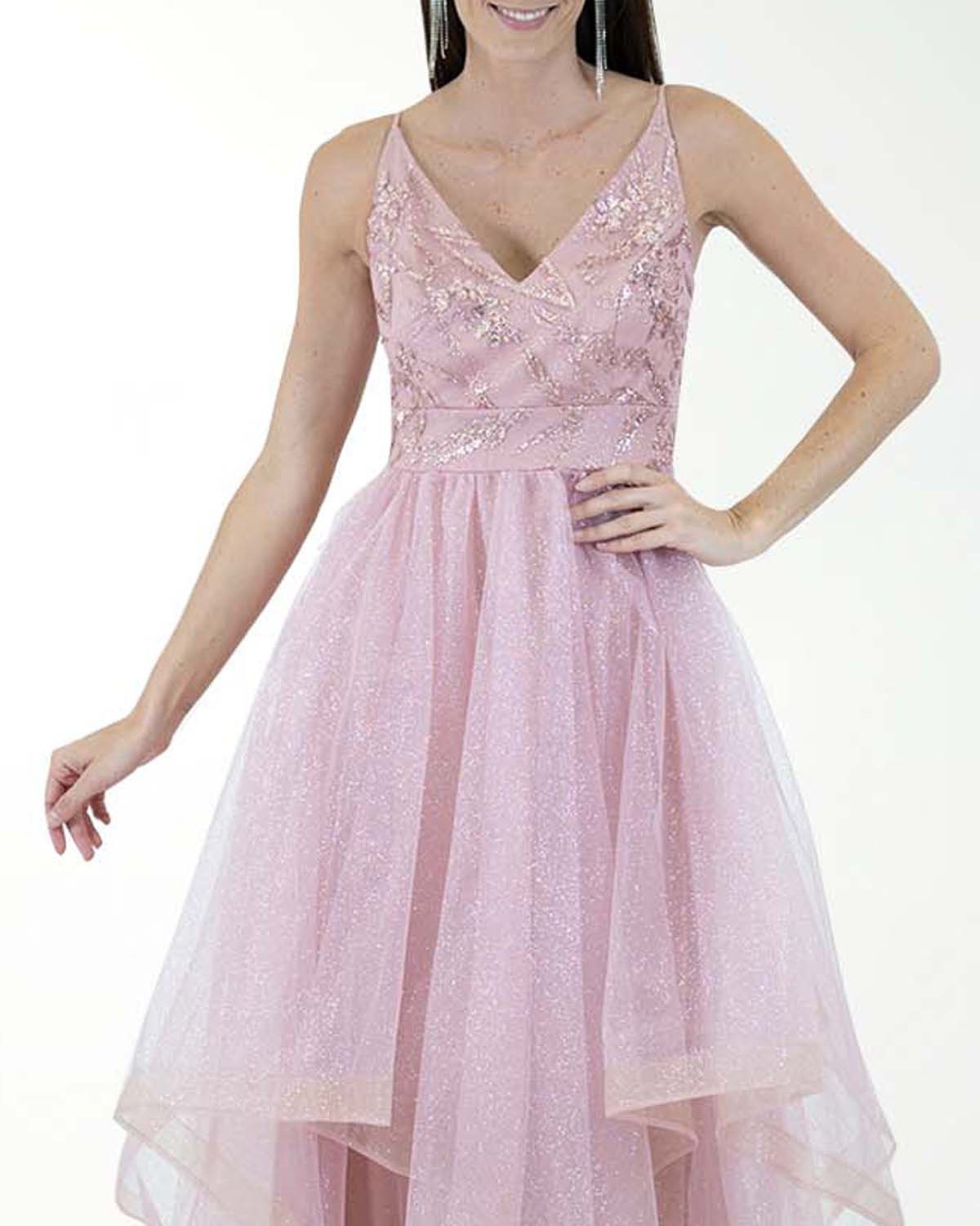 VESTIDO CL FALDA A DESNIVEL CON BRILLO