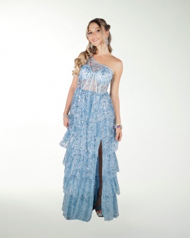 VESTIDO CL DE UN HOMBRO CON OLANES EN FALDA