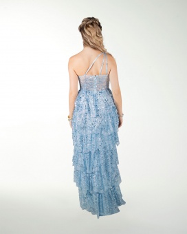 VESTIDO CL DE UN HOMBRO CON OLANES EN FALDA