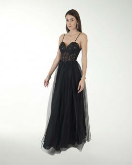 VESTIDO CL TUL CON TOP DE TELA BORDADA