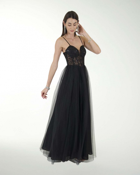 VESTIDO CL TUL CON TOP DE TELA BORDADA