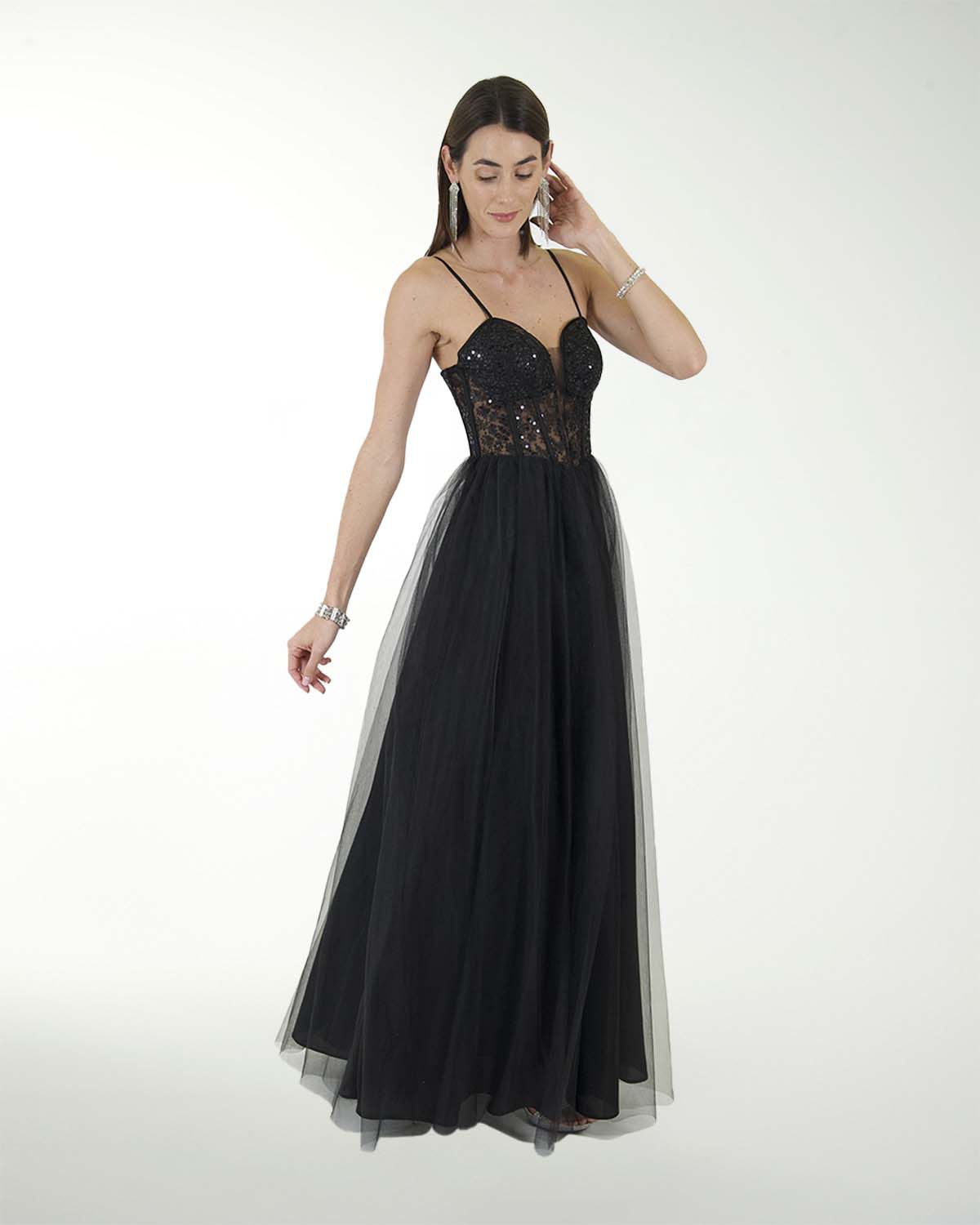 VESTIDO CL TUL CON TOP DE TELA BORDADA VESTIDO CL TUL CON TOP DE TELA BORDADA