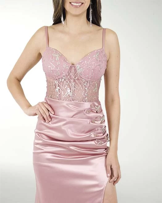 VESTIDO CL SATIN STRECH CON FANTASIA EN TALLE VESTIDO CL SATIN STRECH CON FANTASIA EN TALLE