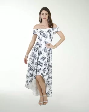 VESTIDO CC TECHNO ESTAMPADO CON CAUDA