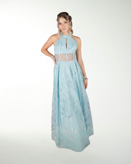VESTIDO CL HALTER EN TELA BORDADA