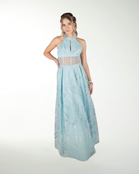 VESTIDO CL HALTER EN TELA BORDADA