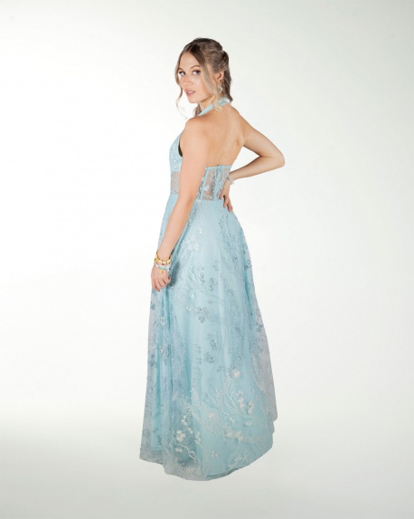 VESTIDO CL HALTER EN TELA BORDADA