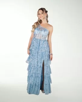 VESTIDO CL DE UN HOMBRO CON OLANES EN FALDA