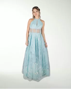 VESTIDO CL HALTER EN TELA BORDADA