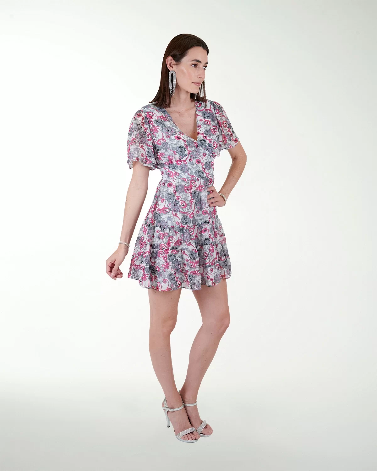 VESTIDO CA CHIFON ESTAMPADO ESCOTE EN V MANGA AMPLIA VESTIDO CA CHIFON ESTAMPADO ESCOTE EN V MANGA AMPLIA