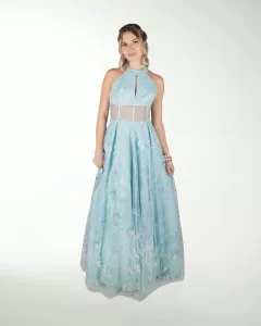 VESTIDO CL HALTER EN TELA BORDADA