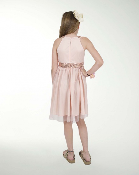 VESTIDO NI 12-14-16 IMPERIAL LISO CON FAJILLA  DE LENTEJUELA