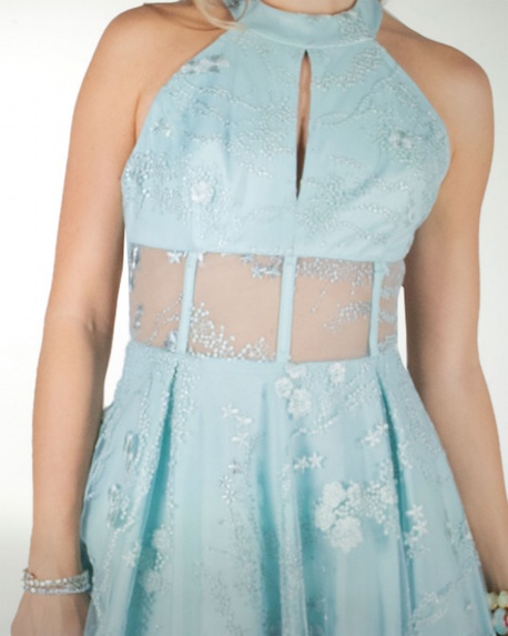 VESTIDO CL HALTER EN TELA BORDADA