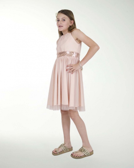 VESTIDO NI 12-14-16 IMPERIAL LISO CON FAJILLA  DE LENTEJUELA