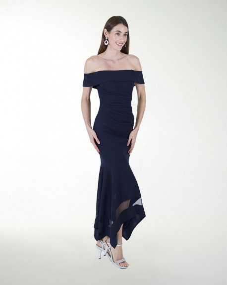 VESTIDO CL CREPE DRAPEADO CON TRANSPARENCIA