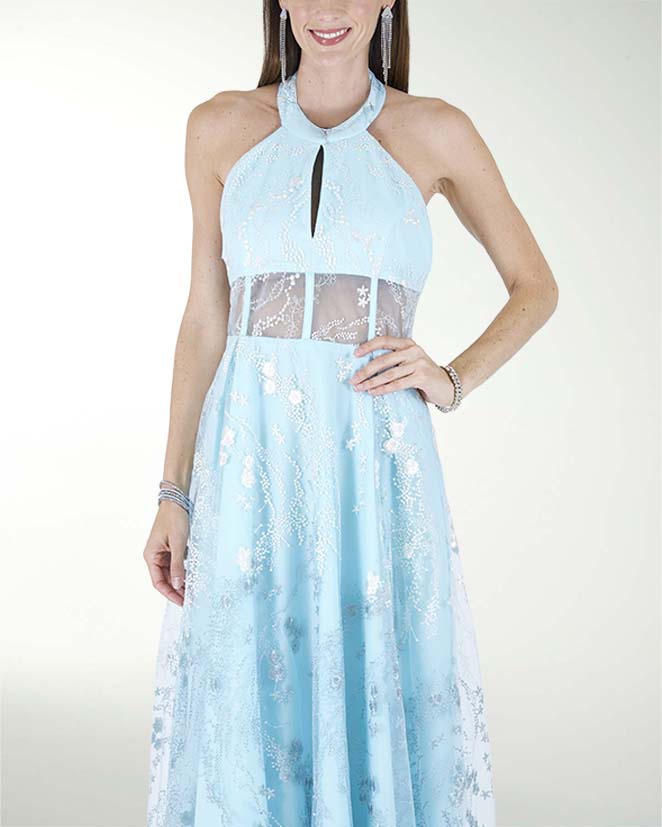 VESTIDO CL HALTER EN TELA BORDADA