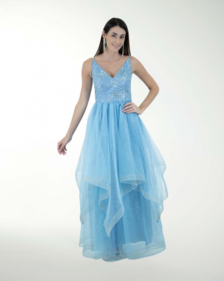 VESTIDO CL FALDA A DESNIVEL CON BRILLO