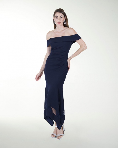 VESTIDO CL CREPE DRAPEADO CON TRANSPARENCIA