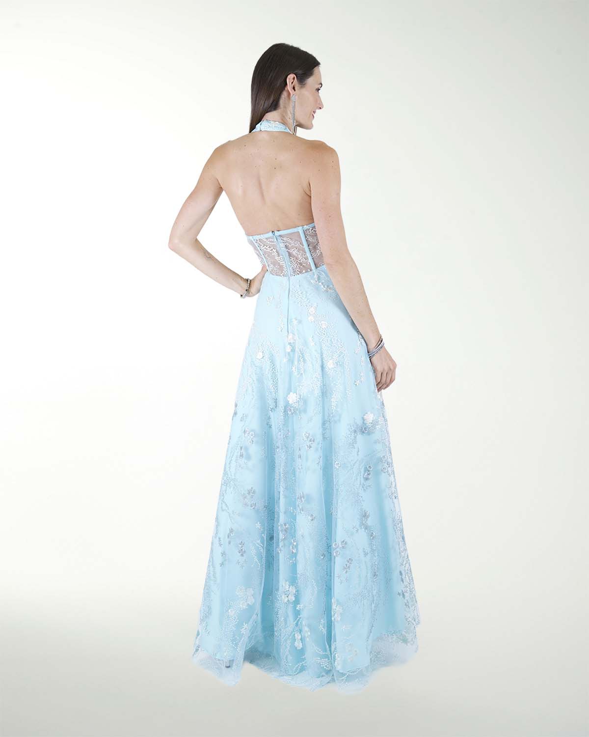 VESTIDO CL HALTER EN TELA BORDADA