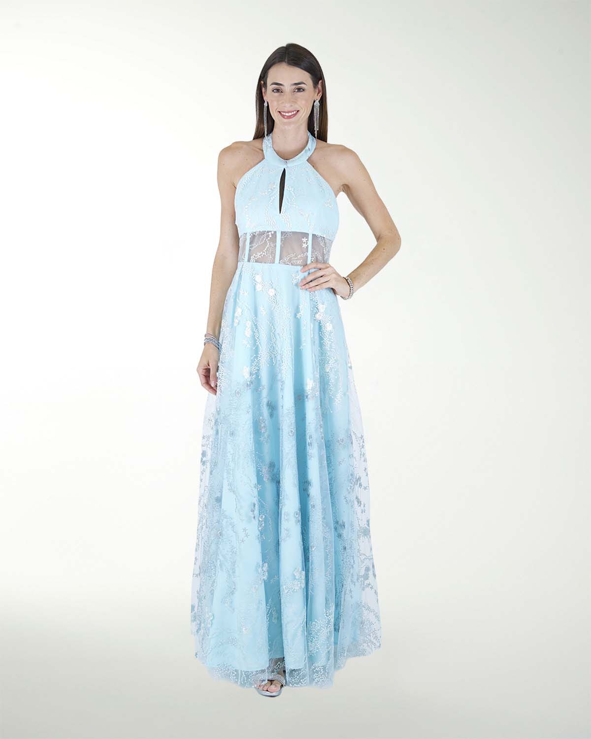 VESTIDO CL HALTER EN TELA BORDADA