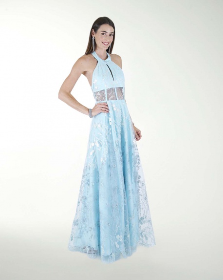 VESTIDO CL HALTER EN TELA BORDADA