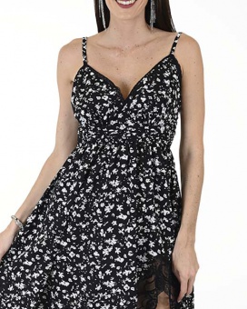 VESTIDO  CA PLISADO CON ENCAJE EN   RUEDO