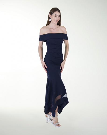 VESTIDO CL CREPE DRAPEADO CON TRANSPARENCIA