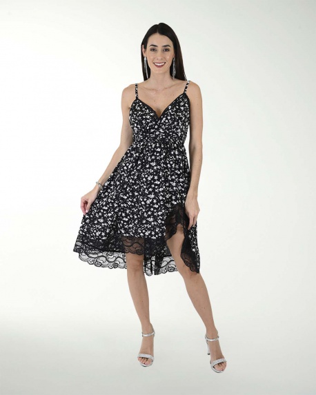 VESTIDO  CA PLISADO CON ENCAJE EN   RUEDO